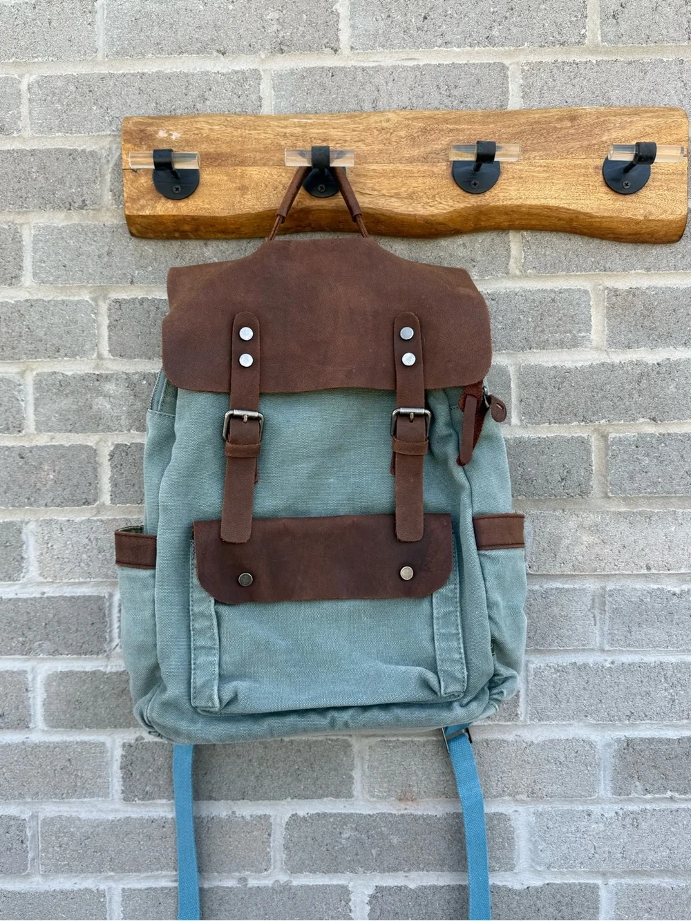 Canvas Backpack with Brown Leather Trim - Sage Green
